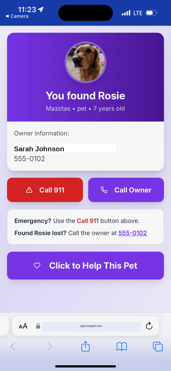ResQ Pet found pet screen