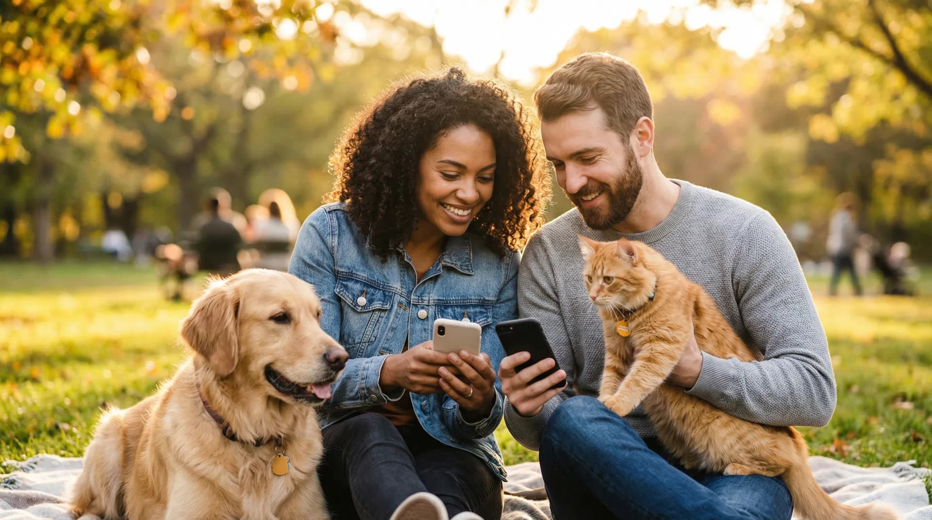 Couple with pets using smartphones